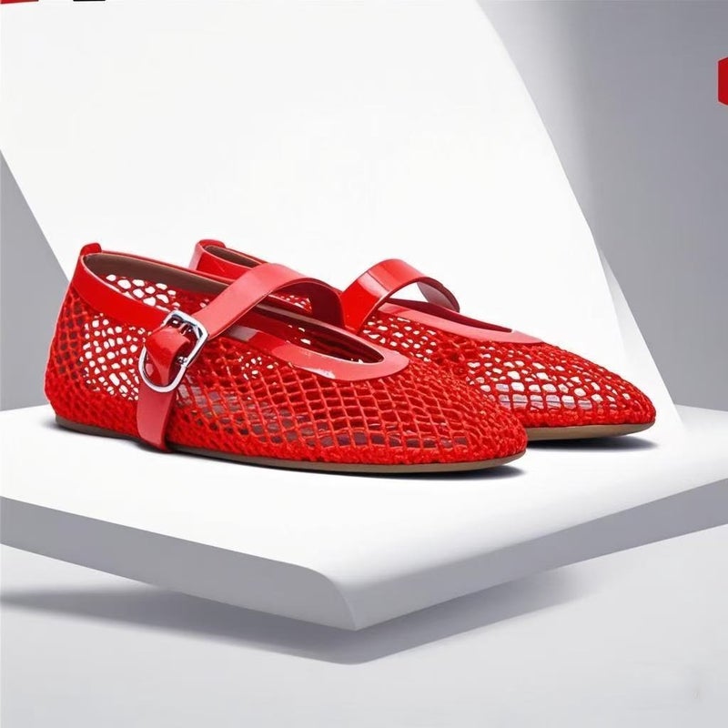 French-Style Hollow Fishnet Ballet Shoes Women'S Summer Outfit One-Character Buckle Flat Shallow Mesh Shoes - Image 1